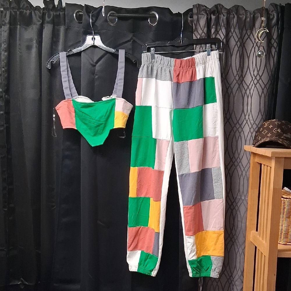 Patchwork Women's Joggers in Green, Pink, Yellow, and Gray